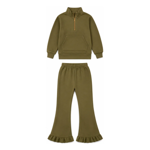 Conjunto de 2 piezas informal para niñas: Sudadera con cremallera de manga larga de color liso y pantalones acampanados - Product Image 3