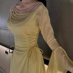2025 özelleştirilmiş allık sarı şifon balo önlük payetli ince sıkı abiye kadınlar puf kollu parti elbise - Product Image 3