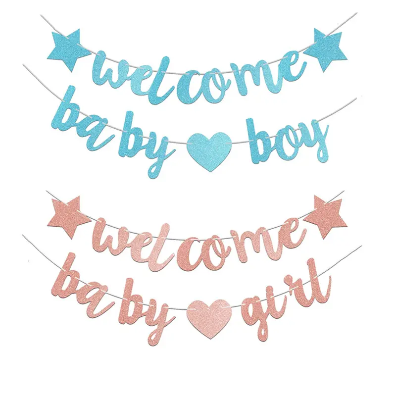Glitter Papier Roze Blauwe Ster Love Welkom Jongen Meisje Letter Muur Opknoping Banner Garland Baby Shower Decoraties