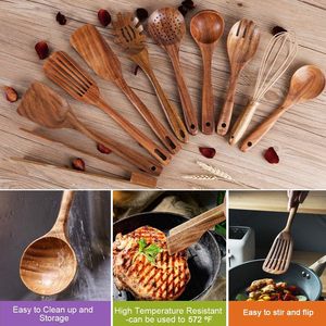 Juego de 11 utensilios de <span class=keywords><strong>cocina</strong></span> de madera <span class=keywords><strong>con</strong></span> soporte, cucharas, espátula y cucharón de madera de teca natural para cocinar en el hogar o en restaurantes. - Product Image 3