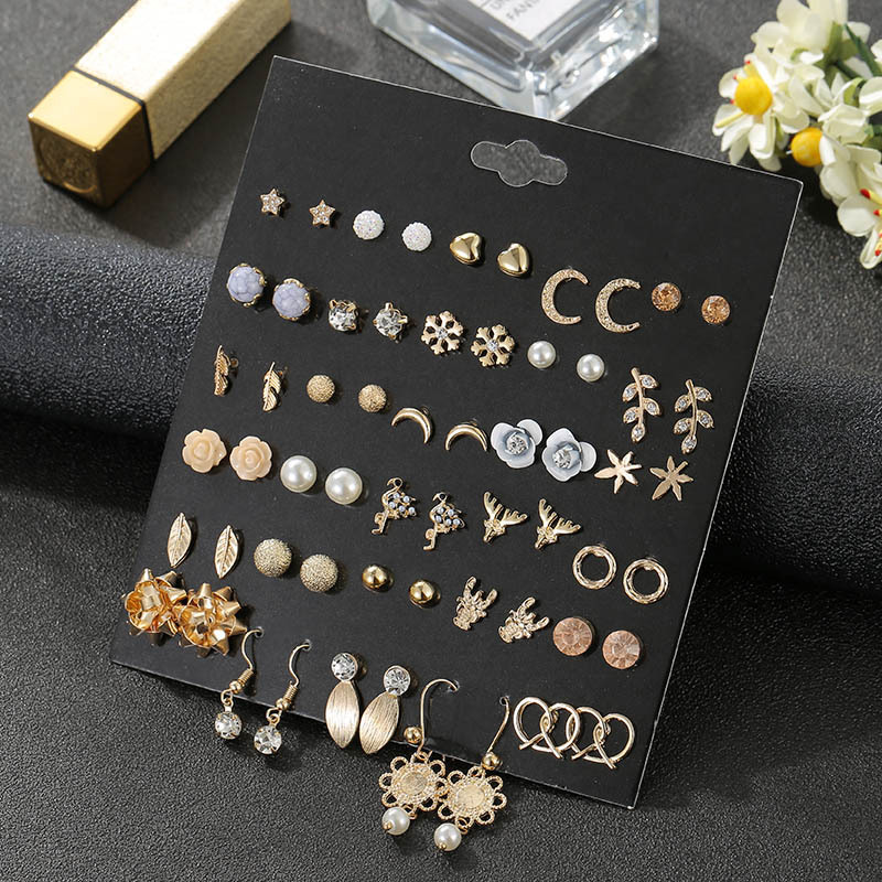Moda corazón de durazno perlas de cristal Luna pendientes de diamantes joyas 30 pares de un conjunto