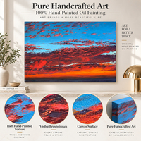 Grande peinture à l'huile abstraite, ciel rouge coucher de soleil, nuages cramoisies, horizon bleu orange, peinture sur toile peinte à la main, art mural