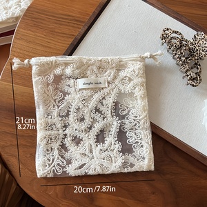 Pochette vintage en gaze de coton brodée de dentelle avec cordon de serrage, sac de rangement portable monocouche pour bijoux et petits objets - Product Image 6