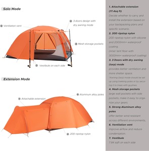 Tente <span class=keywords><strong>de</strong></span> <span class=keywords><strong>randonnée</strong></span> extensible OEM pour 1-2 personnes avec vestibule attachable - Conception à 3 portes pour le camping et la <span class=keywords><strong>randonnée</strong></span> en 3 saisons - Product Image 6