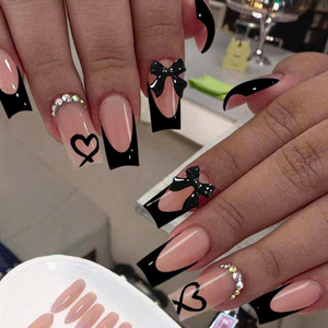 Faux Ongles Français Moyens Bordure Noire Décoration <span class=keywords><strong>Strass</strong></span> Nœud Papillon Ongles 3D Kit d'Ongles à Presser - Product Image 6