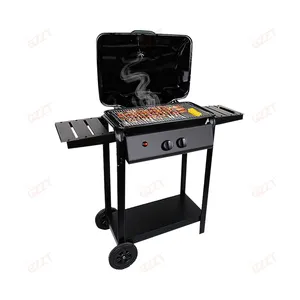 2 Branders Zwarte Olietrommel Barbecue Draagbare Buitenterras Tuin Gas Bbq Grill Met Trolley Upgrade Gas Barbecue Trolly Bbq Grill