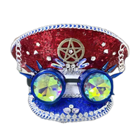 Casquettes de fête en gros 3 MOQ, rouge, blanc, bleu, à sequins, style capitaine, avec lunettes steampunk et pointes pentagramme, pour le 4 juillet, festivals, plage et fêtes en extérieur