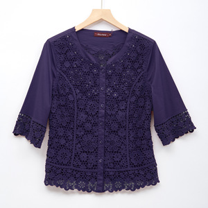 O-Cổ Tops Cotton Cổ Điển Người Phụ Nữ Áo Cánh Ngắn Tay Áo Sơ Mi Ren Thêu Đính Cườm Ngực Duy Nhất Phụ Nữ Giản Dị Áo Cánh - Product Image 4