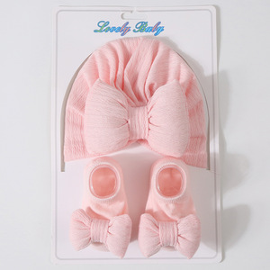 All'ingrosso neonato in maglia di cotone colorato con fiocco lavorato a maglia Set di calzini per il cappello per la testa del bambino adatto per 0-12 mesi - Product Image 6