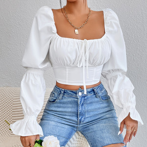 Primavera/Verano Mujer Europea y Americana Blanco Puro Manga Larga Frente Pecho Encaje Espalda Abierta Sexy Cintura Envoltura Camisa - Product Image 2
