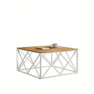 Tavolino da Caffè in Acacia Argento con Struttura in Metallo Moderno e Piano in Legno Naturale per Soggiorno - Product Image 1