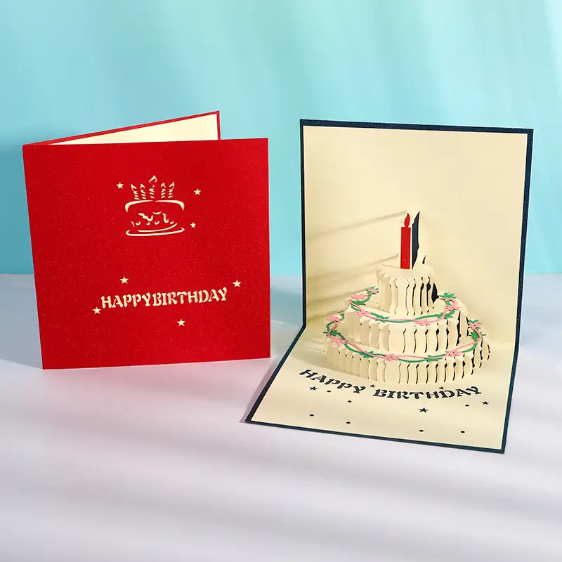 Zeecan vente en gros anniversaire 3D pop up carte découpée au laser carte postale à la main gâteau cadeaux joyeux anniversaire cartes de voeux