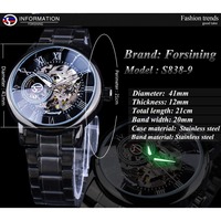 Montres mécaniques pour hommes Forsining, gravure creuse, entièrement noires, design lumineux, acier inoxydable, marque haut de gamme, luxe