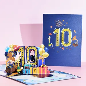 Tarjeta de felicitación de papel de feliz cumpleaños emergente 3D con sobre para tarjeta de invitación de 10 ° cumpleaños o aniversario