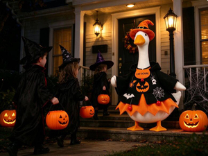 Winter Halloween <b>Witch</b> Goose Print Costume Set Pumpkin Bat Outfit Hat Cape Skirt Trick Treat <b>Sign</b> Statue Yard Garden Decor - Product Image 5