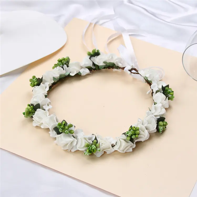 Boho Beach Wreath With Decorative Beads Artificial Flower Crown Halo Headpiece For Wedding Valentines' Day Mother's Day