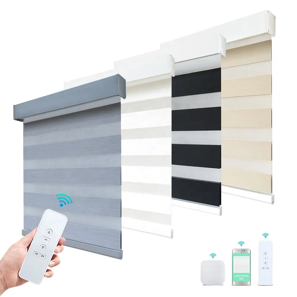 AMOSTRA GRÁTIS Camadas Duplas Luxo Inteligente Dual Roller Motor Blinds 100% Blackout Dia Noite Janela Elétrica Motorizada Zebra Blinds