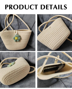 Borsa da Spiaggia Estiva per Donna di Grande Capacità, in Corda di Cotone Intrecciata con Motivo Floreale, Fodera in <span class=keywords><strong>Lino</strong></span>, Portatile con Manico in Bambù - Product Image 4