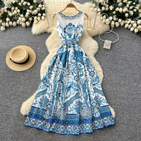 Robe longue décontractée pour femme WIWT, sans manches, coupe trapèze, imprimé bleu et blanc, avec ceinture décorative, pour le quotidien et les vacances