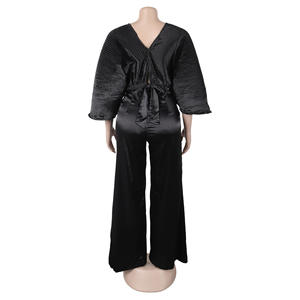 Conjunto de Dos Piezas para Mujer, Blusa Elegante con Cuello en V, Pliegues y Mangas con Volantes, Pantalones de Cintura Alta, a la Moda - Product Image 6
