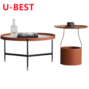 Table Basse U-BEST Nordic Light Luxury en Cuir et Marbre, Style Italien Créatif, Petite Table d'Appoint Rétro avec Surface en Marbre et Piétement Doré - Product Image 4
