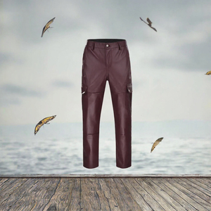 <b>Men's</b> Burgundy Genuine <b>Leather</b> Cargo Pants Straight Leg Mid Waist Multiple Pockets <b>Trousers</b> Wholesale Supplier Custom LOGO 2026 - Product Image 3