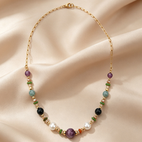 Ensemble de colliers superposés en acier inoxydable, style rétro français tendance, avec perles de pierre naturelle colorées, plaqué or 18 carats, corde et nacre géométrique
