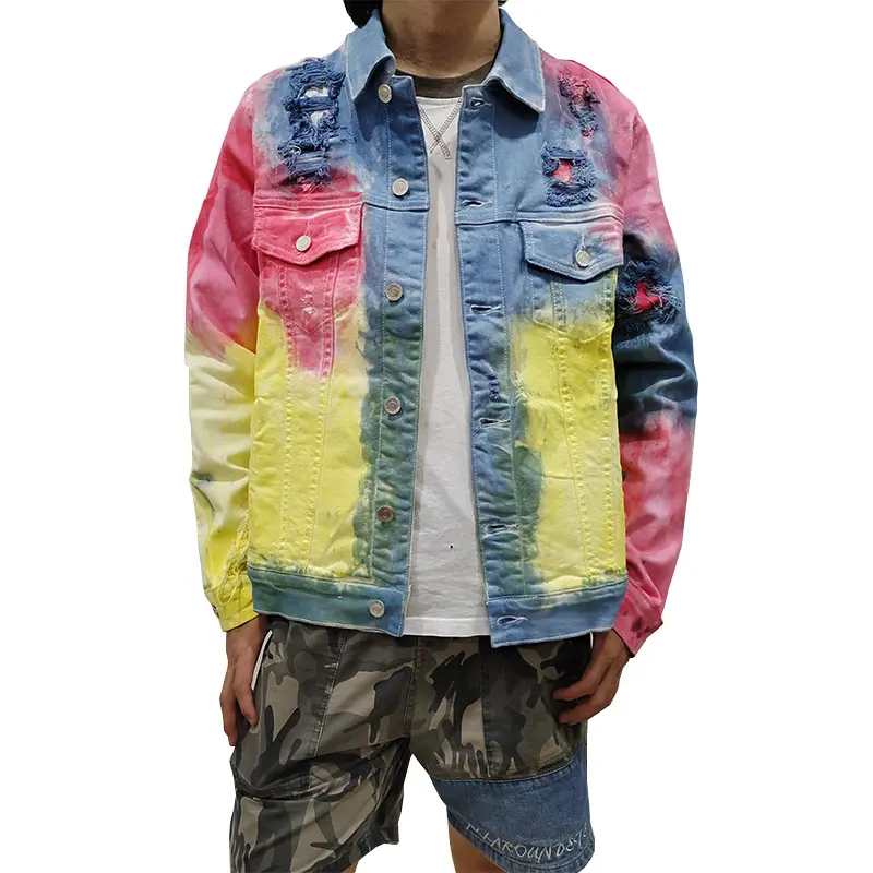 Men's hip hop jackets & coats casual fit street style distressed washed multicolor denim jackets vendors for clothing