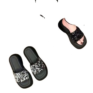 Nouvelles sandales d'été noires à paillettes pour femmes, à plateforme, à enfiler, à bout ouvert, à talon haut, confortables, avec lanières avant et arrière - Product Image 1