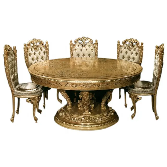 Rococo Ronde Gesneden Houten Eettafel, Luxe Gilded Eetkamer Set Meubels, Antieke Europese Eettafel