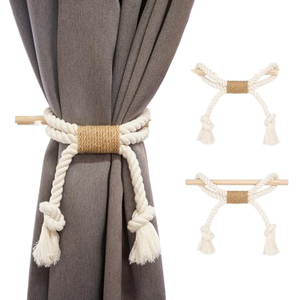 Porlau Modern Long Design Cotton Eco-Friendly Durable 18cm Woven <b>Magnetic</b> <b>Curtain</b> Holdbacks Tassel Tie Backs Wood Stone for - Product Image 1