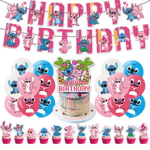 Nouveau point <span class=keywords><strong>rose</strong></span> Lilo thème fête d'anniversaire décoration point tirant drapeau bannière gâteau Respuent ballon pour bébé fille jouet - Product Image 2