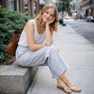 <span class=keywords><strong>Pantaloni</strong></span> Casual da <span class=keywords><strong>Donna</strong></span> Personalizzati in Misto <span class=keywords><strong>Lino</strong></span> e Cotone, Blu Chiaro, Vita Alta, Gamba Larga Plissettata, Taglio Corto con Tasche Laterali - Product Image 5