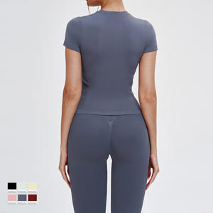 Ensemble de vêtements de sport et de yoga pour femmes en 5 pièces, logo personnalisé, ceinture réversible, pantalon taille haute, chemises à manches longues avec fermeture éclair, sans couture - Product Image 4