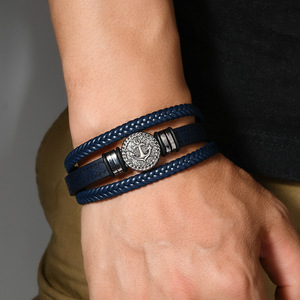 Vintage Men's Jewelry Multi-layer Navy Blue Anchor <b>Leather</b> <b>Bracelet</b> Handmade Knitting Bangles - Product Image 3