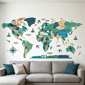 <span class=keywords><strong>Adesivo</strong></span> <span class=keywords><strong>Murale</strong></span> Mappamondo Colorato Effetto Legno, con Bussola e Icone di Viaggio - Product Image 2