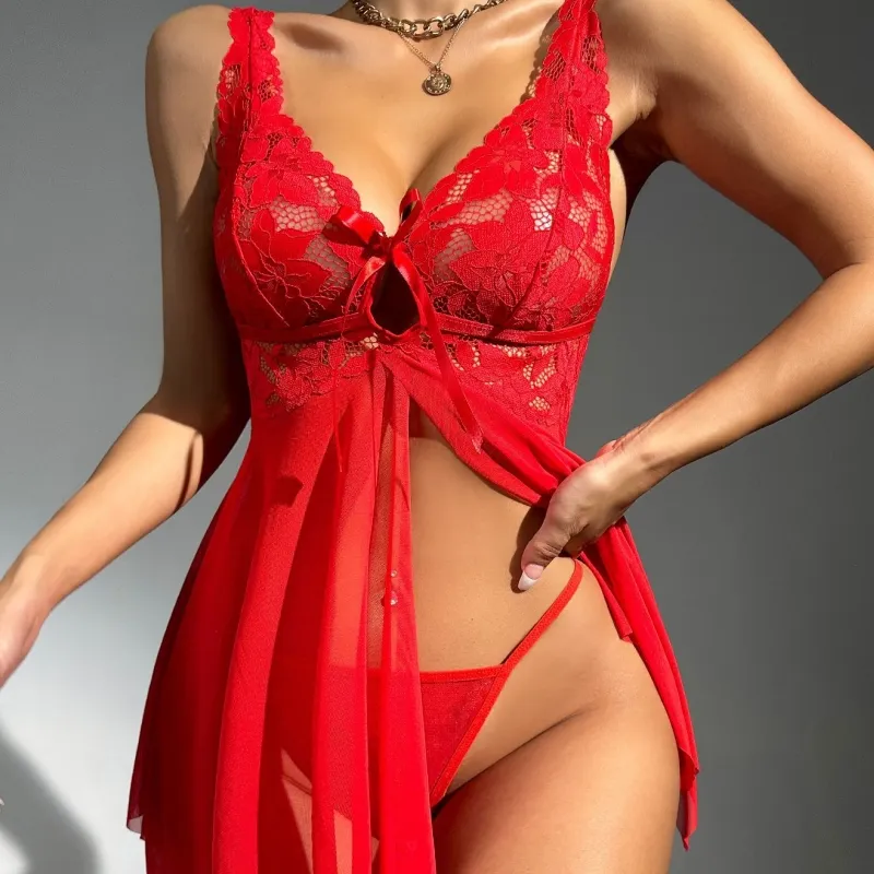 SFY-H3103 sevgililer şeffaf artı boyutu dantel pijama kırmızı fantezi elbise noel elbise gelin iç çamaşırı bayanlar seksi iç çamaşırı