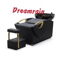 Ensemble de mobilier de salon de coiffure de luxe en cuir noir et or, fauteuil de barbier hydraulique, miroir à cadre doré LED, rotation à 360 degrés