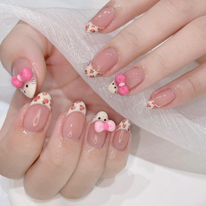 Juego de 10 piezas de usable popular con sensación de gama alta, piel desnuda, arte de uñas hecho a mano con lazo 3D Kitty, Uñas postizas prefabricadas - Product Image 1