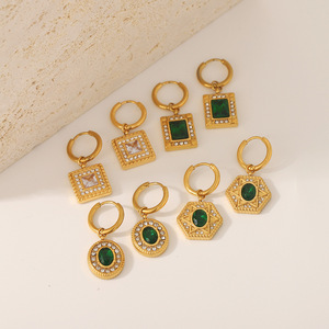 <b>Emerald</b> Zircon Stainless Steel Pendant Earrings Geometric Design Bezel Setting Everyday Wear 18K Gold Plated <b>Stud</b> Earrings - Product Image 2