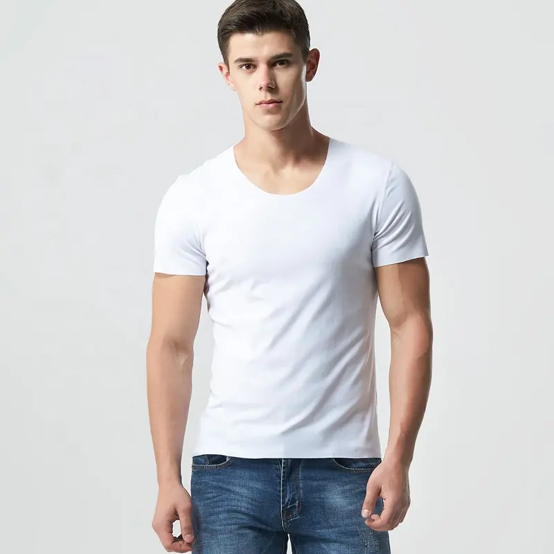 High Quality Custom Brand Logo White V-Neck Elasticity Modal Men T Shirt