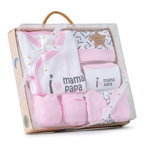 Mod. Mama-Papa New Born Set 5 PCS Ropa rosa (Camisa Pantalones Guantes Bib Calcetines)-100% algodón sostenible para 0-6 meses - Product Image 1
