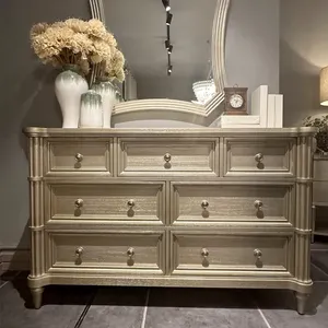 Customized Luxury Makeup Vanity Table Storage Drawers Wooden Top Dressing Table Mirrored Dresser