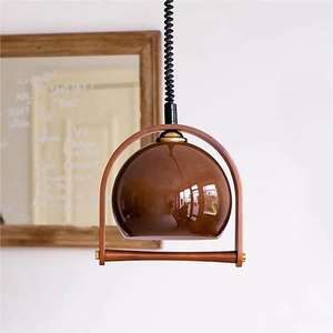 Lustre LED Bauhaus en bois massif de style rétro américain Wabi-Sabi, luminaire suspendu rétractable en verre vintage, ambre japonais, moyen - Product Image 3