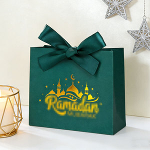 Caja de Regalo para Festival de Oriente Medio, Caja de Dulces de Cartón con Estampado Dorado y Verde, con Lazo Decorativo - Product Image 2
