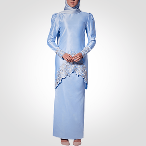 SIPO Eid 2024 Raya malaisie Musulman femmes bleu Satin dentelle broderie manches sirène jupe ensemble moderne Baju Kurung - Product Image 1