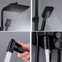 Système de douche mural carré pour salle de bain, ensemble de robinet de douche thermostatique, noir et or, LED, robinet de baignoire à effet pluie