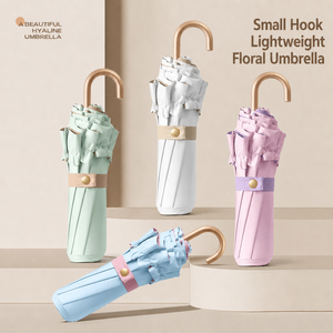 Parapluie pliant léger à poignée crochet, motif floral, ouverture manuelle, protection UV UPF50+, portable, logo personnalisé, pour adultes en voyage - Product Image 1