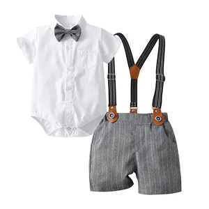 Классический комплект одежды из белой рубашки и серых шортов, Детский комбинезон с короткими рукавами, джентльменский костюм, летняя одежда для маленьких мальчиков