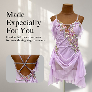 Traje de Danza Contemporánea Lírica con Pedrería Lavanda, Vestido Asimétrico de Malla para Ballet, Danza Jazz y Actuaciones Escénicas con Cuello Halter - Product Image 1
